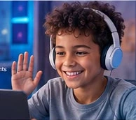 Enfant avec un casque qui salue devant son ordinateur