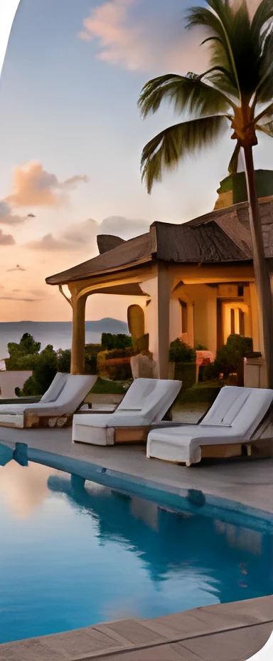 Villa avec piscine au coucher du soleil